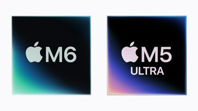 Square graphic showing the Apple M6 chip with a green and blue ambient glow alongside the Apple M5 Ultra chip with a purple and blue glow against an off-white background.