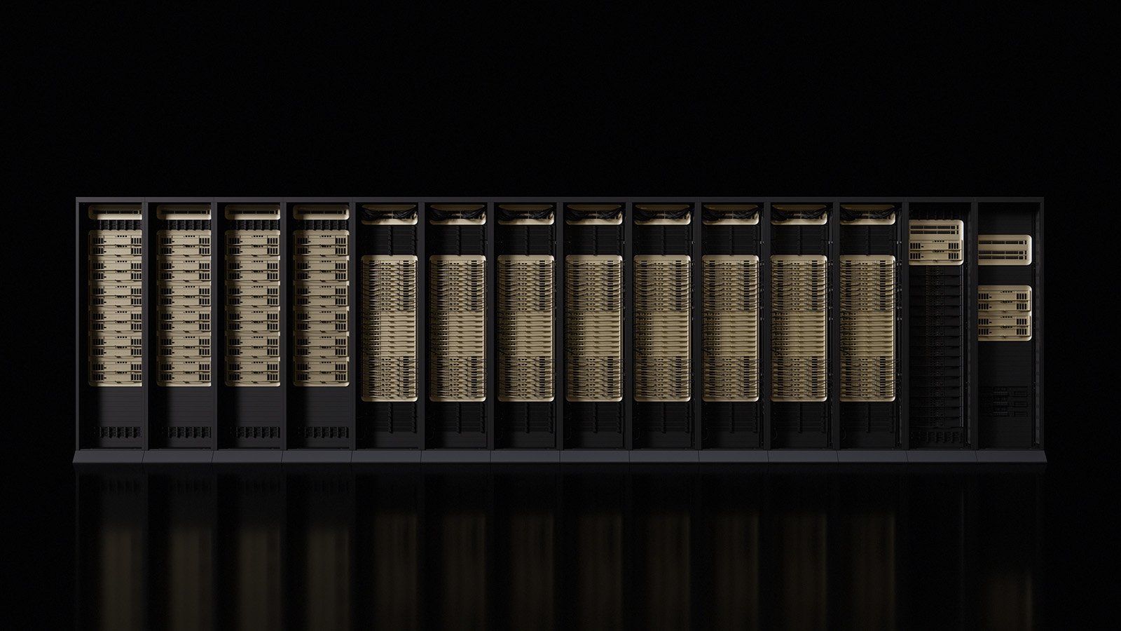 NVIDIA Rubin AI platform rack-scale system with multiple GPU and networking modules in a dark data center environment.